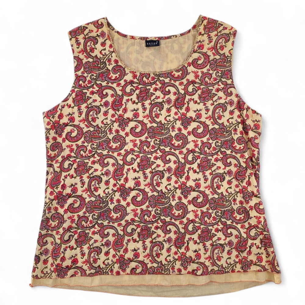 Ratan Blockprint Paisley Floral Cotton Tank Blouse XL India Metallic Gold Sequin